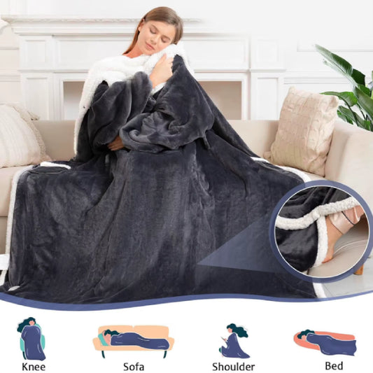 USB Heated Blanket with Sleeves Hood and Foot Pocket Flannel 10 Heating Levels Electric Wearable Blanket with 3 Time Settings