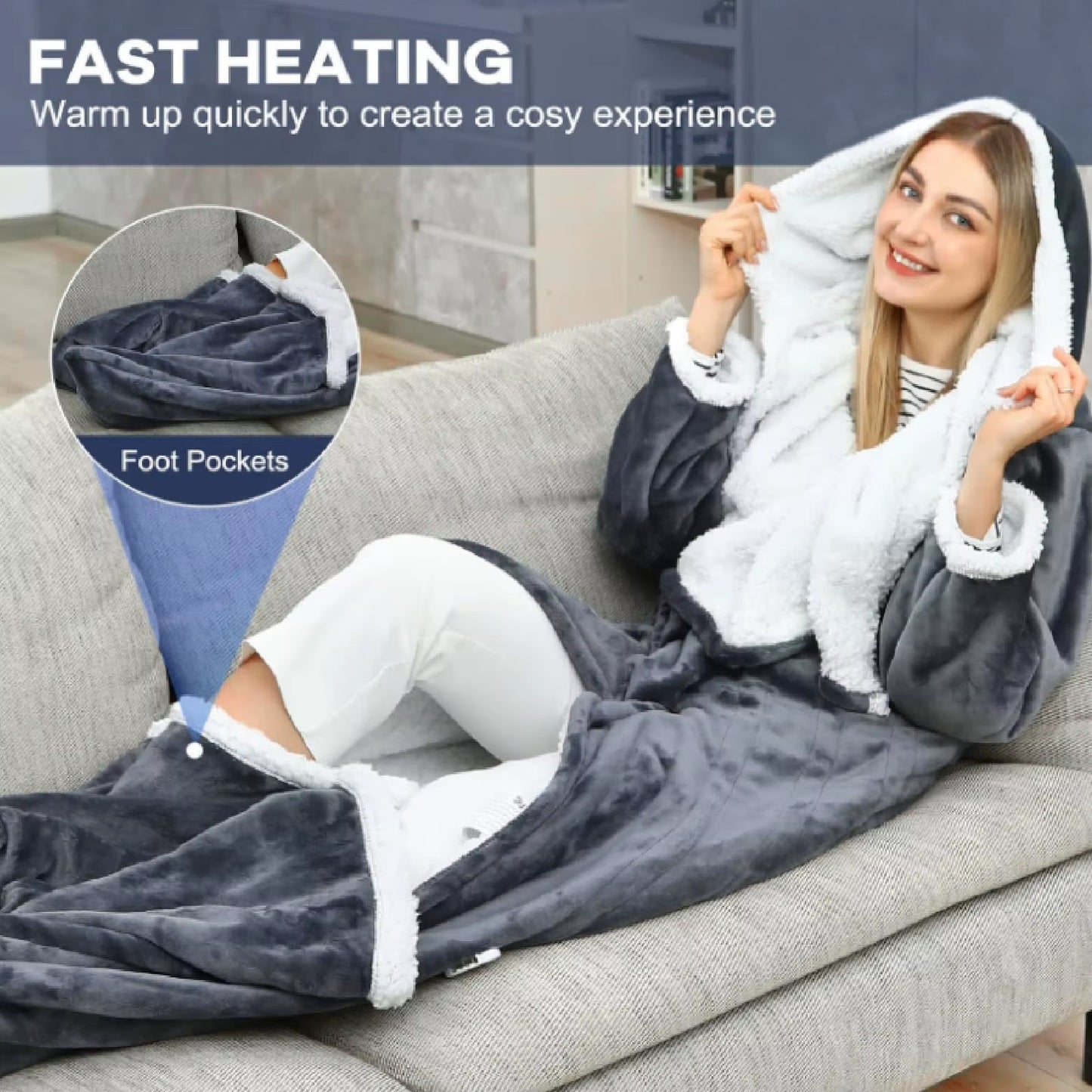 USB Heated Blanket with Sleeves Hood and Foot Pocket Flannel 10 Heating Levels Electric Wearable Blanket with 3 Time Settings