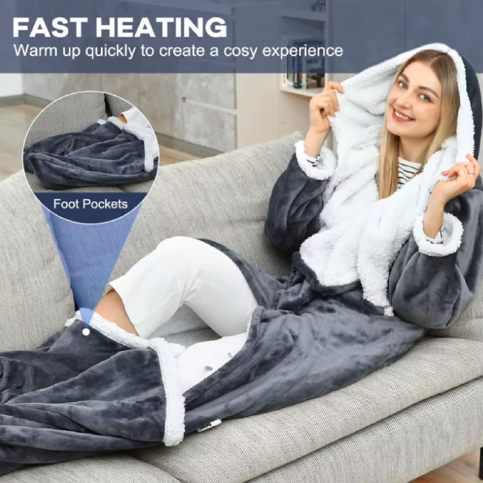 USB Heated Blanket with Sleeves Hood and Foot Pocket Flannel 10 Heating Levels Electric Wearable Blanket with 3 Time Settings