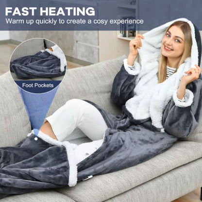 USB Heated Blanket with Sleeves Hood and Foot Pocket Flannel 10 Heating Levels Electric Wearable Blanket with 3 Time Settings